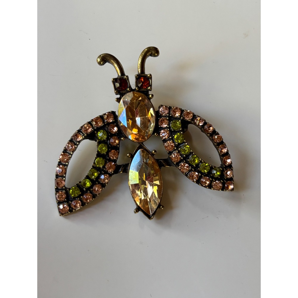 Vintage Style Bee Brooch Antique Gold Tone Amber Green Rhinestone Insect Pin